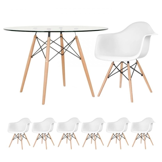 Produto Mesa redonda Eames com tampo de vidro 120 cm + 6 cadeiras Eiffel DAW - Branco
