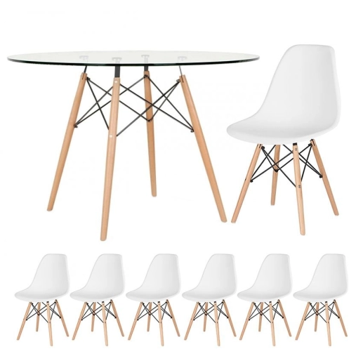 Produto Mesa redonda Eames com tampo de vidro 120 cm + 6 cadeiras Eiffel DSW - Branco