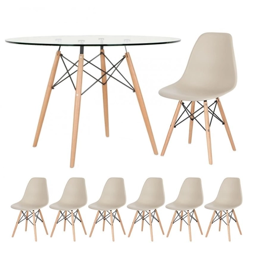 Produto Mesa redonda Eames com tampo de vidro 120 cm + 6 cadeiras Eiffel DSW - Nude
