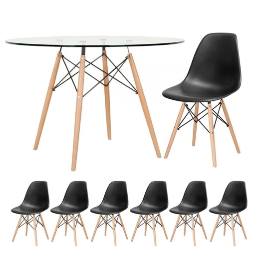 Mesa redonda Eames com tampo de vidro 120 cm + 6 cadeiras Eiffel DSW - Preto Produto Mesa redonda Eames com tampo de vidro 120 cm + 6 cadeiras Eiffel DSW - Preto