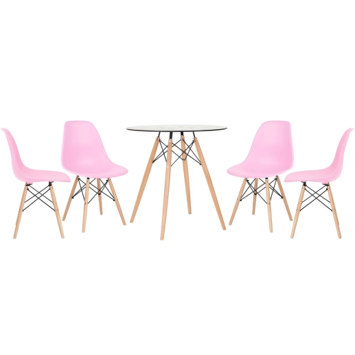 Mesa redonda Eames com tampo de vidro 70 cm + 4 cadeiras Eiffel DSW - Rosa claro Produto Mesa redonda Eames com tampo de vidro 70 cm + 4 cadeiras Eiffel DSW - Rosa claro