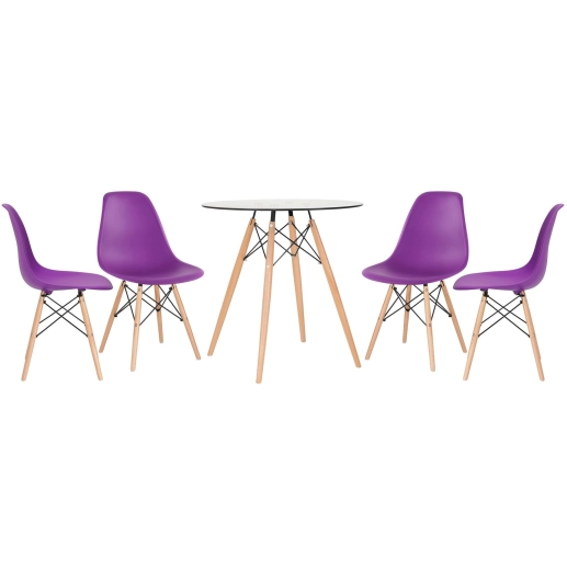 Produto Mesa redonda Eames com tampo de vidro 70 cm + 4 cadeiras Eiffel DSW Roxo