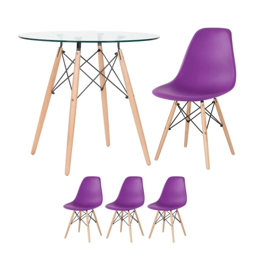 Produto Mesa redonda Eames com tampo de vidro 80 cm + 3 cadeiras Eiffel DSW Roxo