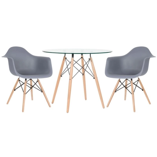 Mesa redonda Eames com tampo de vidro 90 cm + 2 cadeiras Eiffel DAW - Cinza escuro Produto Mesa redonda Eames com tampo de vidro 90 cm + 2 cadeiras Eiffel DAW - Cinza escuro