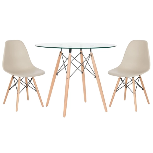 Produto Mesa redonda Eames com tampo de vidro 90 cm + 2 cadeiras Eiffel DSW Nude