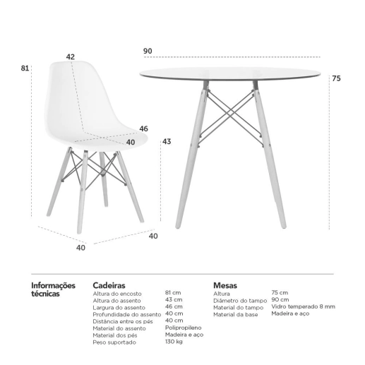 Produto Mesa redonda Eames com tampo de vidro 90 cm + 3 cadeiras Eiffel DSW Branco