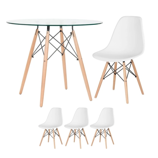 Produto Mesa redonda Eames com tampo de vidro 90 cm + 3 cadeiras Eiffel DSW Branco