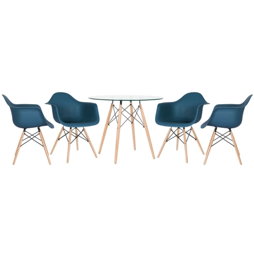Mesa redonda Eames com tampo de vidro 90 cm + 4 cadeiras Eiffel DAW - Azul petróleo Produto Mesa redonda Eames com tampo de vidro 90 cm + 4 cadeiras Eiffel DAW - Azul petróleo