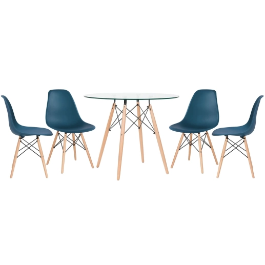 Produto Mesa redonda Eames com tampo de vidro 90 cm + 4 cadeiras Eiffel DSW - Azul petróleo