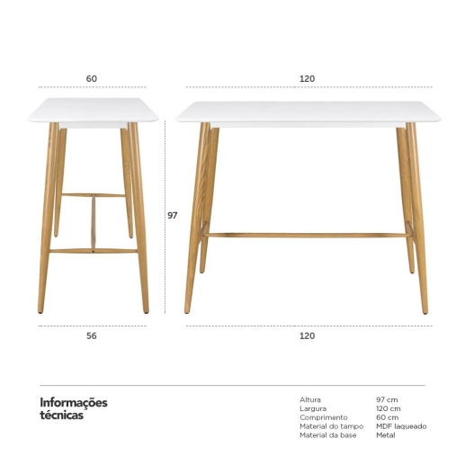 Produto Mesa alta bancada retangular 60 x 120 cm - Branco