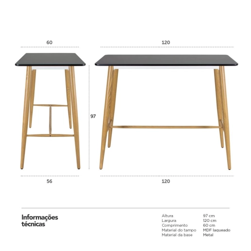 Produto Mesa alta bancada retangular 60 x 120 cm - Preto