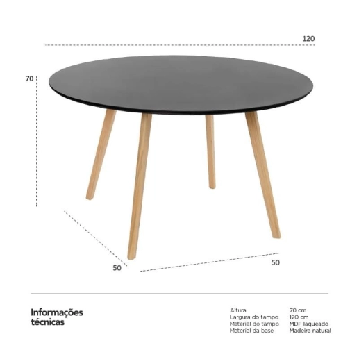 Produto Mesa de Jantar e cozinha Redonda 120 cm Leda com Tampo em MDF Laqueado - Preto