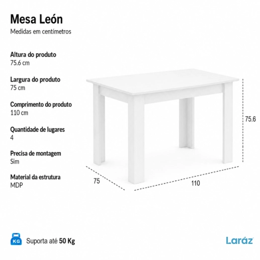 Mesa de Jantar León Laráz Retangular com tampo em Madeira 110x75 cm Produto Mesa de Jantar León Laráz Retangular com tampo em Madeira 110x75 cm