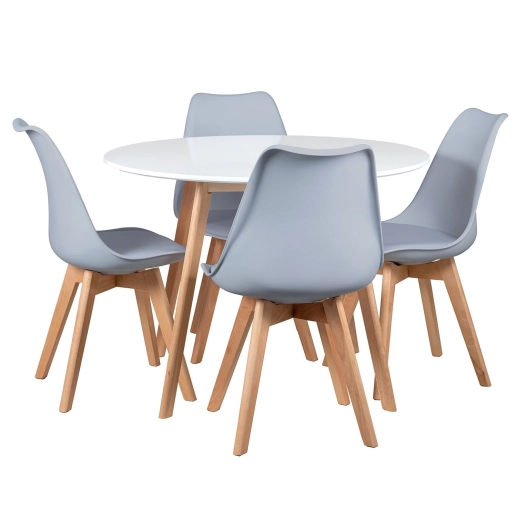 Produto Mesa redonda Leda 100 cm branco + 4 cadeiras estofadas Leda Cinza Claro