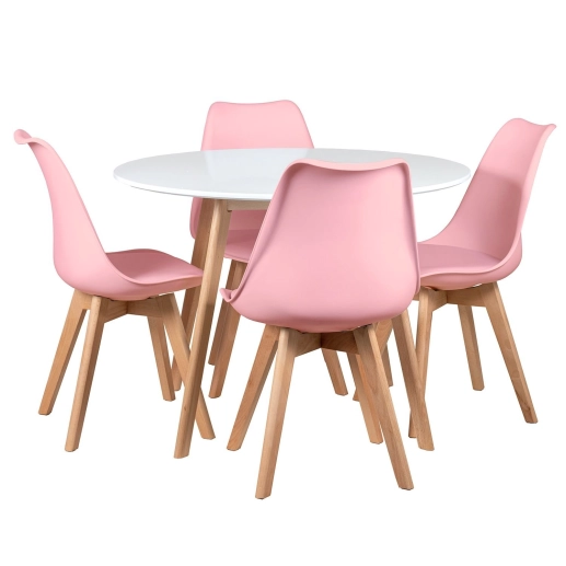 Produto Mesa redonda Leda 100 cm branco + 4 cadeiras estofadas Leda Rosa claro