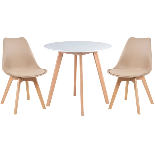 Produto Mesa redonda Leda 80 cm branco + 2 cadeiras estofadas Leda Nude