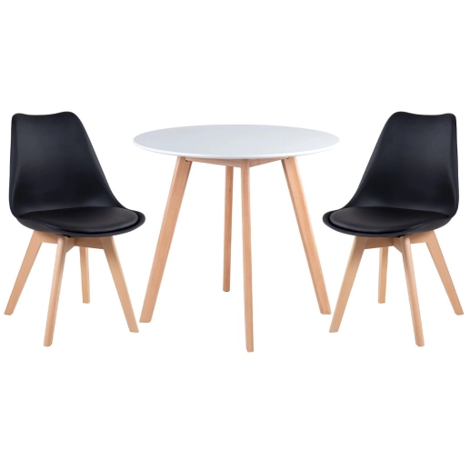 Produto Mesa redonda Leda 80 cm branco + 2 cadeiras estofadas Leda Preto