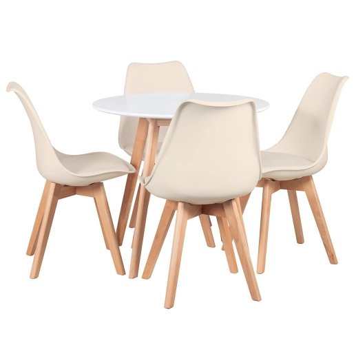 Mesa redonda Leda 80 cm branco + 4 cadeiras estofadas Leda Creme Produto Mesa redonda Leda 80 cm branco + 4 cadeiras estofadas Leda Creme