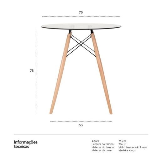 Produto Mesa de jantar redonda Eames Eiffel com tampo de vidro 70 cm