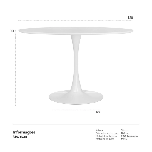 Mesa de Jantar e cozinha Redonda 120 cm Tulipa com Tampo em MDF Laqueado - Branco Produto Mesa de Jantar e cozinha Redonda 120 cm Tulipa com Tampo em MDF Laqueado - Branco