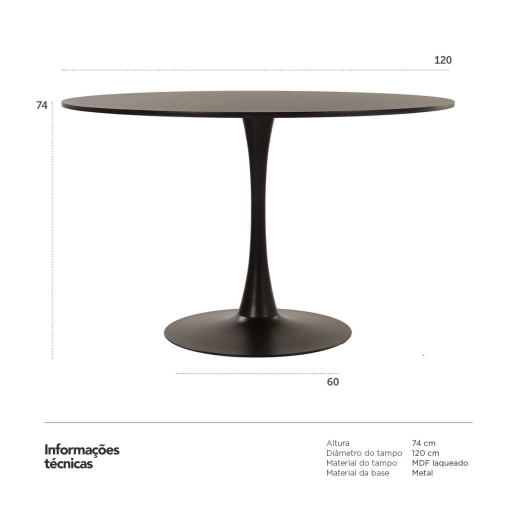 Produto Mesa de Jantar e cozinha Redonda 120 cm Tulipa com Tampo em MDF Laqueado - Preto