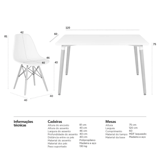 Produto Mesa retangular Eames 60 x 120 cm Branco + 2 cadeiras Eiffel DSW - Nude