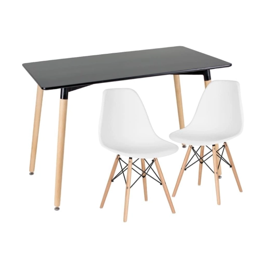 Mesa retangular Eames 60 x 120 cm preto + 2 cadeiras Eiffel DSW - Branco Produto Mesa retangular Eames 60 x 120 cm preto + 2 cadeiras Eiffel DSW - Branco