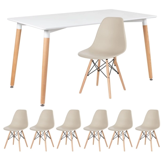 Produto Mesa de jantar retangular Eames 80 x 140 cm + 6 cadeiras Eiffel DSW - Mesa branco com cadeiras nude