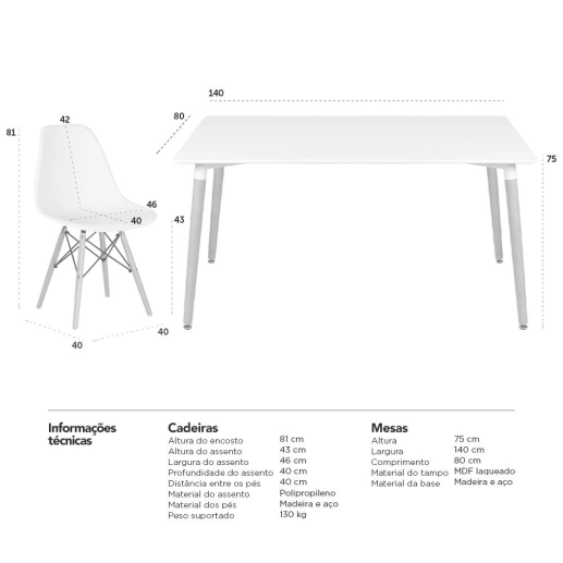 Produto Mesa de jantar retangular Eames 80 x 140 cm + 6 cadeiras Eiffel DSW - Mesa branco com cadeiras preto