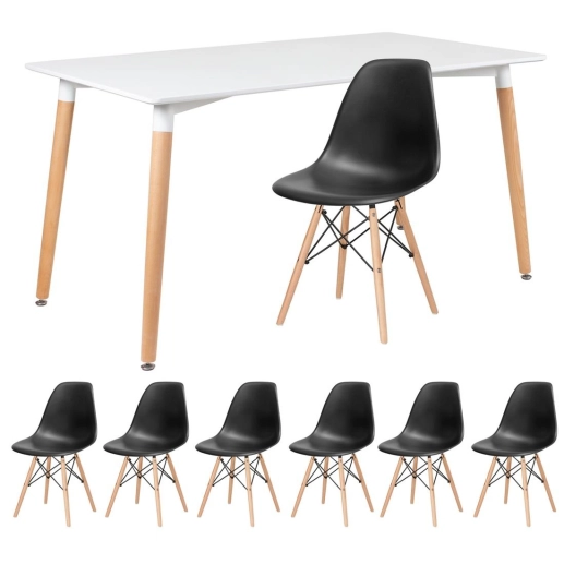 Produto Mesa de jantar retangular Eames 80 x 140 cm + 6 cadeiras Eiffel DSW - Mesa branco com cadeiras preto
