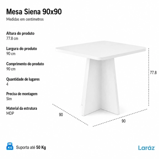 Produto Mesa de jantar Siena Laráz Quadrada com tampo Off White 90x90 cm