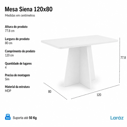 Produto Mesa de jantar Siena Laráz Retangular com tampo Off White 120x80 cm