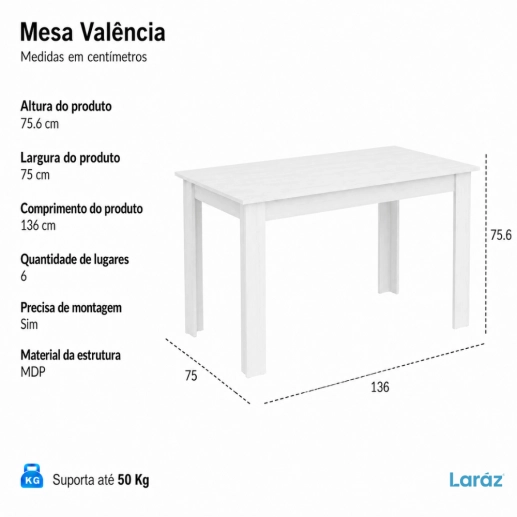 Produto Mesa de Jantar Valência Laráz Retangular com tampo em Madeira 135x75 cm