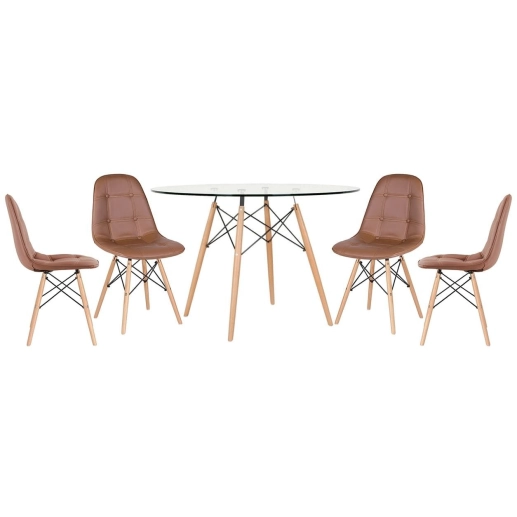 Produto Mesa Eames com tampo de vidro 120 cm + 4 cadeiras estofadas Eiffel Botonê - Marrom