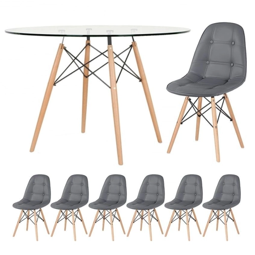 Produto Mesa Eames com tampo de vidro 120 cm + 6 cadeiras estofadas Eiffel Botonê - Cinza Escuro