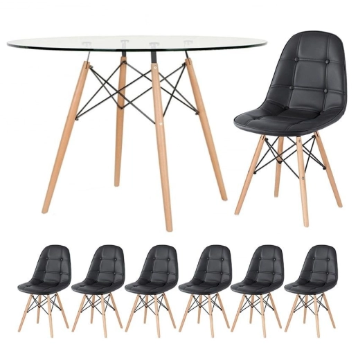 Produto Mesa Eames com tampo de vidro 120 cm + 6 cadeiras estofadas Eiffel Botonê - Preto