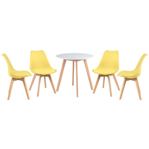 Mesa redonda Leda 70 cm branco + 4 cadeiras estofadas Leda Amarelo Produto Mesa redonda Leda 70 cm branco + 4 cadeiras estofadas Leda Amarelo