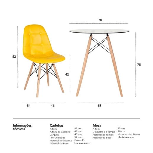 Produto Mesa redonda Eames com tampo de vidro 70 cm + 2 cadeiras Eiffel Botonê- Amarelo