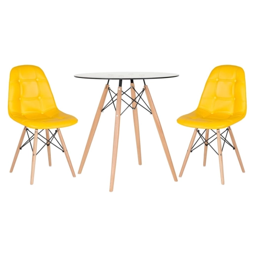 Produto Mesa redonda Eames com tampo de vidro 70 cm + 2 cadeiras Eiffel Botonê- Amarelo