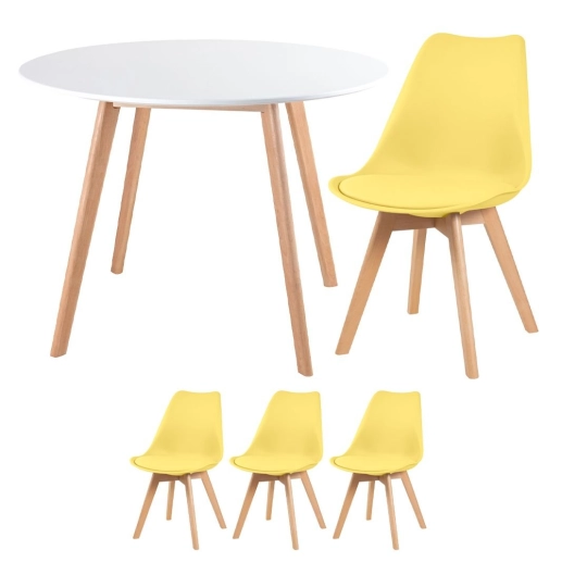 Mesa redonda Leda 100 cm branco + 3 cadeiras estofadas Leda Amarelo Produto Mesa redonda Leda 100 cm branco + 3 cadeiras estofadas Leda Amarelo