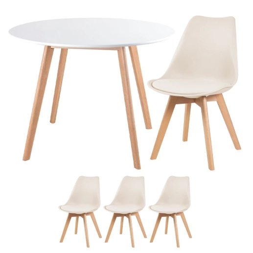 Produto Mesa redonda Leda 100 cm branco + 3 cadeiras estofadas Leda Creme
