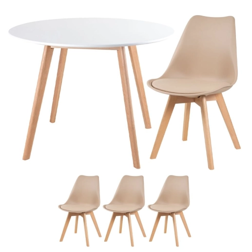 Produto Mesa redonda 100 cm branco + 3 cadeiras Leda nude