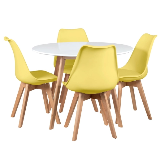 Mesa redonda Leda 100 cm branco + 4 cadeiras estofadas Leda Amarelo Produto Mesa redonda Leda 100 cm branco + 4 cadeiras estofadas Leda Amarelo