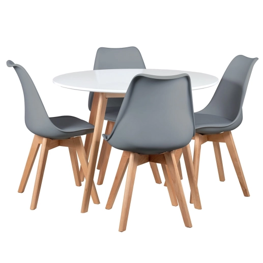 Produto Mesa redonda Leda 100 cm branco + 4 cadeiras estofadas Leda Cinza Escuro