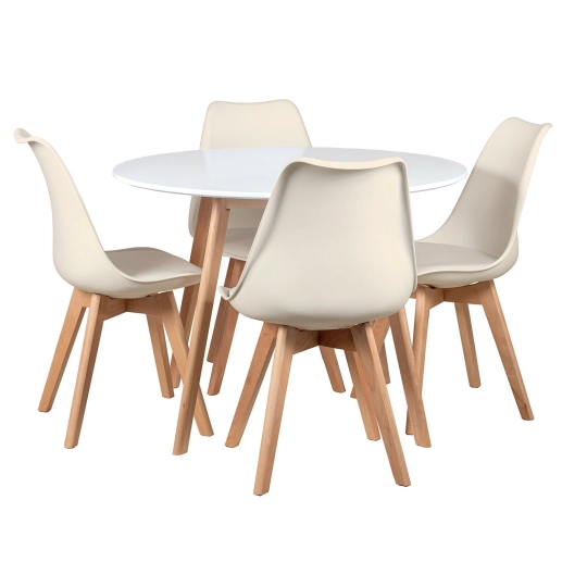 Mesa redonda Leda 100 cm branco + 4 cadeiras estofadas Leda Creme Produto Mesa redonda Leda 100 cm branco + 4 cadeiras estofadas Leda Creme