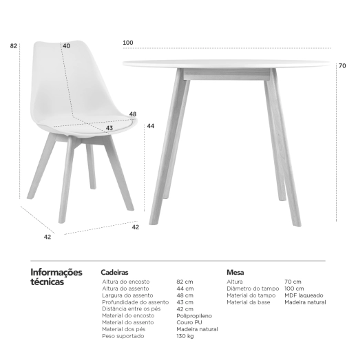 Produto Mesa redonda 100 cm branco + 4 cadeiras Leda nude