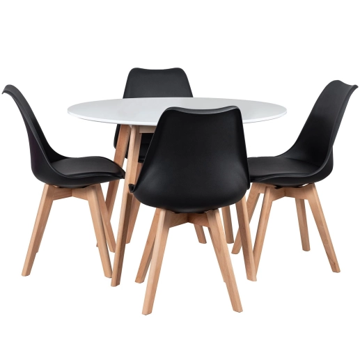 Produto Mesa redonda 100 cm branco + 4 cadeiras Leda preto