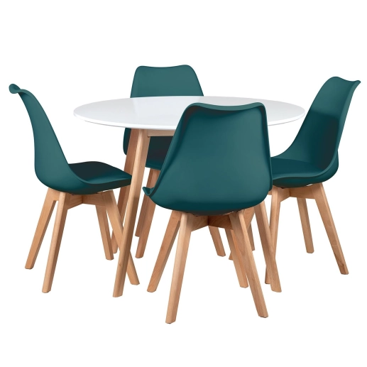 Produto Mesa redonda Leda 100 cm branco + 4 cadeiras estofadas Leda Verde escuro