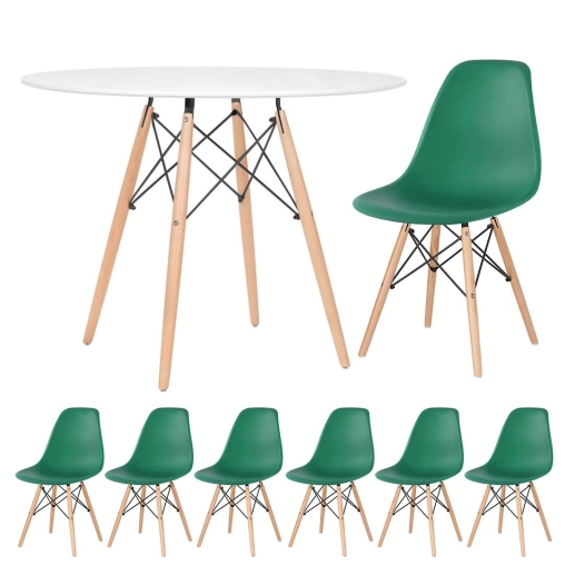 Produto Mesa redonda Eames 100 cm branco + 6 cadeiras Eiffel DSW - Verde escuro