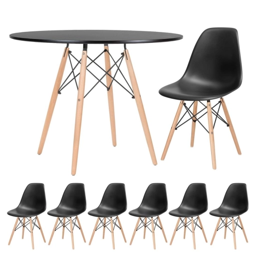 Produto Mesa redonda Eames 100 cm preto + 6 cadeiras Eiffel DSW - Preto